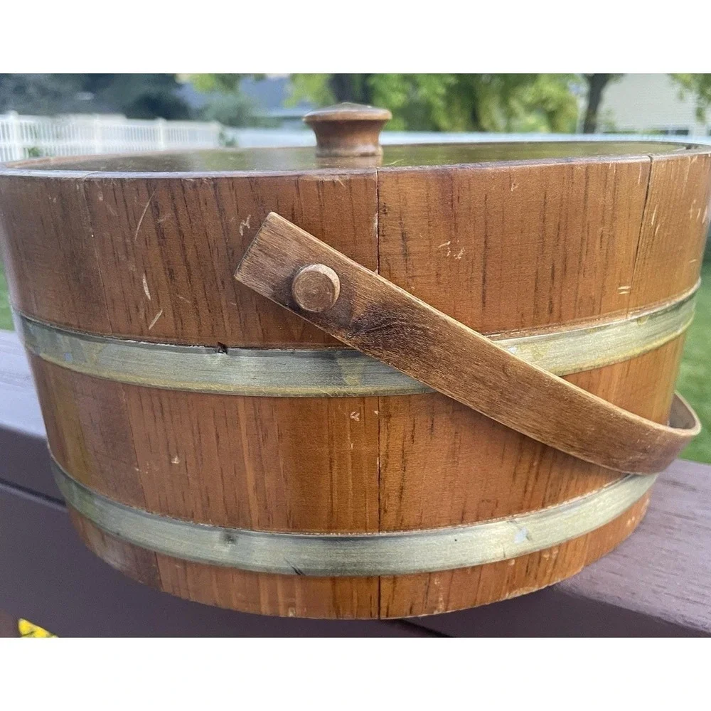 Vintage Wooden Firkin Sugar Bucket Swing Handle Lid 2 Brass Bands 12